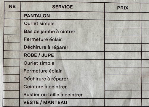 ticket d'un atelier de retouche avec la liste des prestations