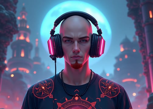 An anime-style picture of a man with a red goatee and headphones