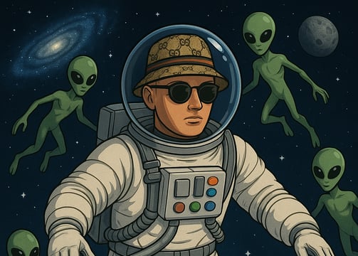 Futuristische Cartoon Illustration von Hustensaft Jüngling der im Jahr 2025 schwerelos im Weltall schwebt mit Sonnenbrille mo