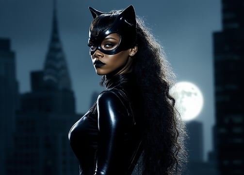 AI-generated image of Rihanna as Catwoman in sleek black catsuit with Gotham City backdrop