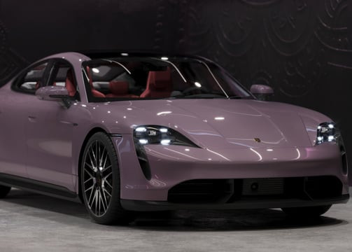 a purple car with a red interior and a black interior