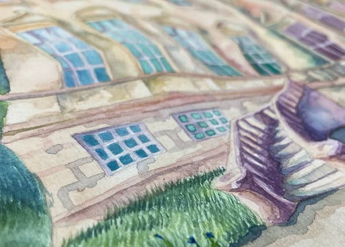 Close up angle of a watercolour illustration depicting a Georgian manor house in pastel tones.