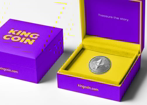 Image of physical coin and packaging from e-commerce website.