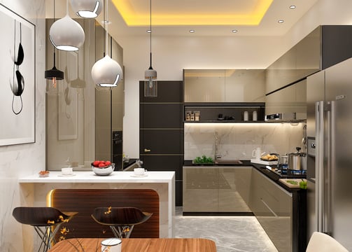 a kitchen with a table and chairs and a table