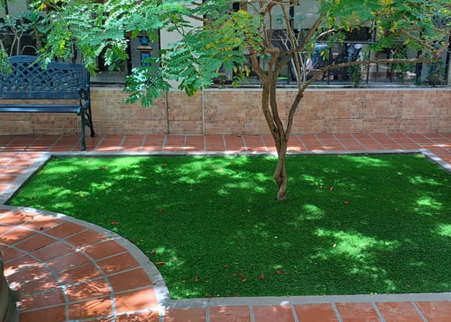 Patio trasero con pasto sintético de alta calidad