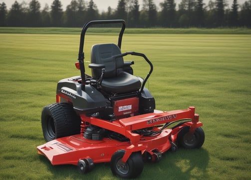 A yellow commercial lawn mower is parked on a well-maintained grassy field. In the background, there is a row of tall green corn plants and a metal guardrail separating the field from an industrial area. The sky is overcast with gray clouds.