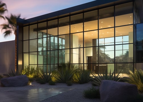 Fachada de edificio moderno iluminado con diseño contemporáneo en la Riviera Maya