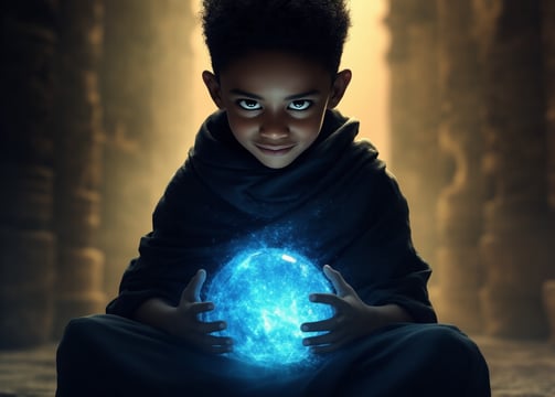 a young boy holding a glowing orb ball