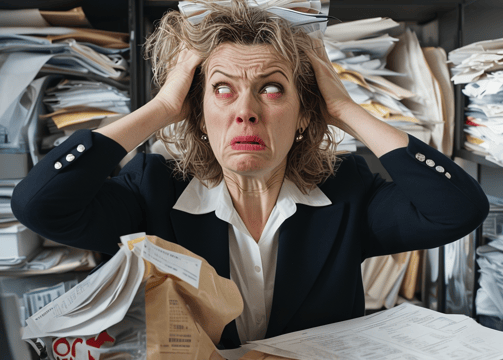 woman or man overloaded with bookkeeping documents
