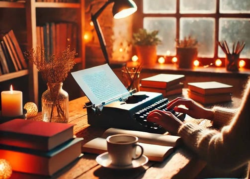 una persona escribiendo un libro en su casa