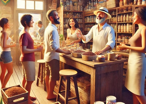 mercearia com muitos clientes contentes e itens diversos