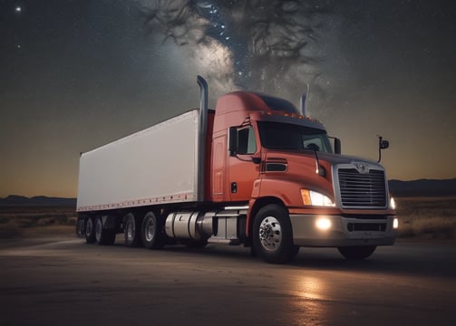 a semi truck with a dry van in the background under a starry night