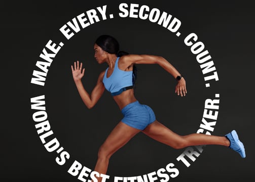 Digital ad image of athletic woman with bold copy encircling her to mimic clock.