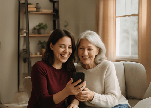 Mujer joven y adulta mayor mientras miran un celular, representa conexión familiar y motivación para emprender juntas.