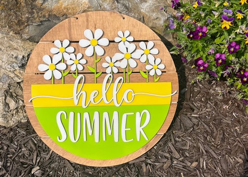 laser cut and painted wooden summer daisies door or wall hanger