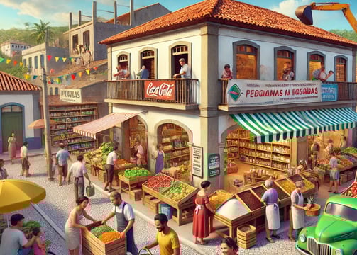 ilustração de uma mercearia expandindo e com melhorias sendo feitas.