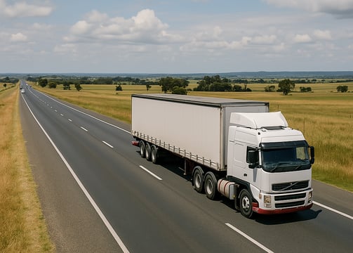 White freight truck driving on open highway — interstate and regional delivery across QLD, NSW, VIC.