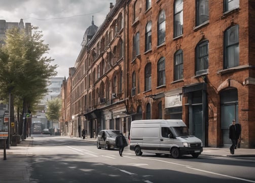 A narrow urban street scene with brick buildings on either side. In the background, a bright yellow DHL delivery van is parked. Two pedestrians are walking along the street, and there are several street signs and road markings visible. The atmosphere is calm, with a focus on the architecture and the delivery van.