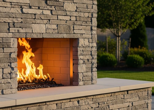 a stone fireplace with a fire burning