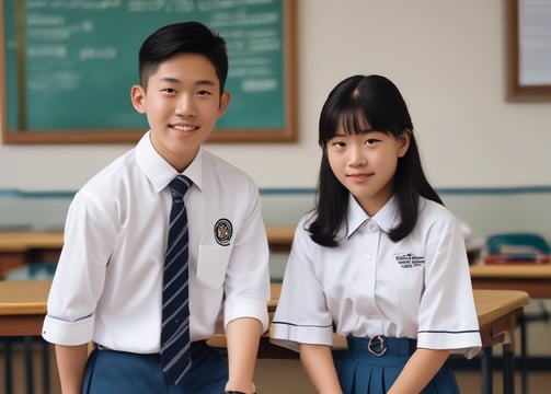 A pair of Chinese students ready to start class in a US boarding school.