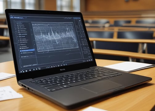 A laptop displaying coding software is placed on a wooden desk in a lecture hall. Behind the laptop, chalkboards can be seen with written equations and notes. The environment suggests an educational or programming context.