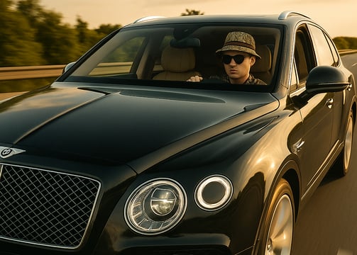 Hustensaft Jüngling wie er lässig vor einem Bentley posiert mit Sonnenbrille luxuriösem Outfit und selbstbewusstem Ausdruck a