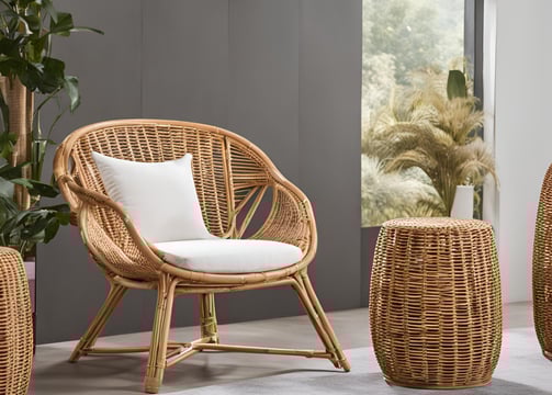 a wicker chair with a cushion and a chair with a cushion