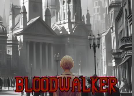 The cover art for Bloodwalker, a woman in color in front of a city in black and white