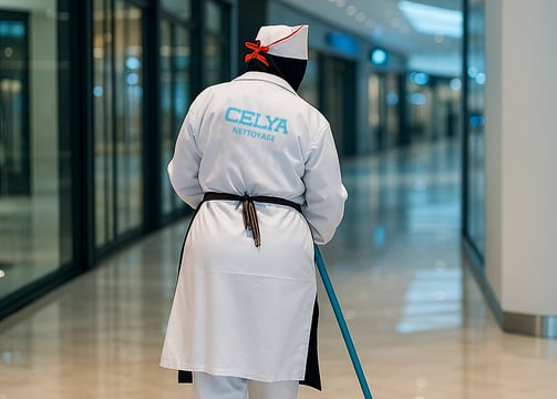 Femme de ménage en uniforme blanc nettoyant le sol d’un centre commercial à Casablanca