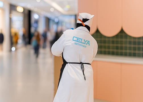 Femme de ménage utilisant une balayette pour nettoyer le sol dans un centre commercial à Casablanca