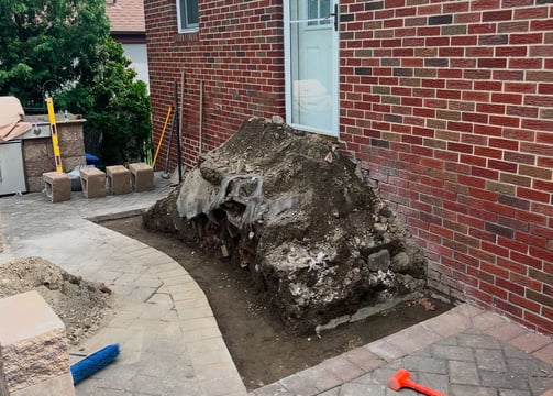 a large rock formation in a backyard with a large rock
