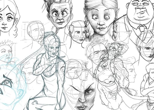 Digital pencil style sketches of faces from many angles which vary in degrees of caricature.