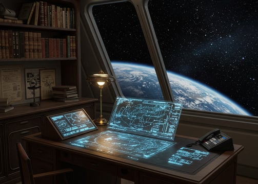 captains chair and office with a view of earth