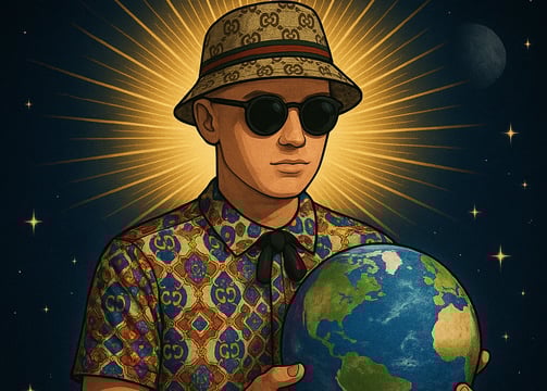 Glo Up Dinero Gang zeigt eine Gruppe junger Figuren in luxuriöser Streetwear mit Accessoires Geldbündeln und energiegeladener