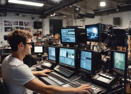 A group of people is gathered in an auditorium, with some seated and others standing. A person is operating a media setup with multiple screens and laptops on a desk, showing various video feeds. Camera equipment is set up nearby, indicating the event might be recorded or streamed. The environment appears lively and focused.