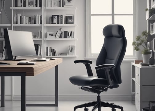 A wooden chair with intricate carvings on the top rail is positioned in a dimly lit room. Behind the chair, an office chair with a dark backrest can be seen, along with a wooden cabinet and a desk.