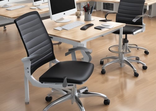 A modern office setup with a sleek ergonomic chair in the foreground. The chair features a complex support structure and black cushioning. Behind it, there is a computer desk with a large monitor displaying a bright screen and a microphone on an adjustable arm. A keyboard and phone can also be seen on the desk. Some greenery is present in the background, adding a natural element to the workspace.