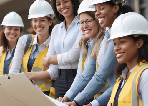 A busy construction site with several workers wearing safety helmets and reflective vests. They are surrounded by scaffolding, wooden planks, and stacks of bricks. Metal rods are protruding from various structures, and a blue container is visible in the background.