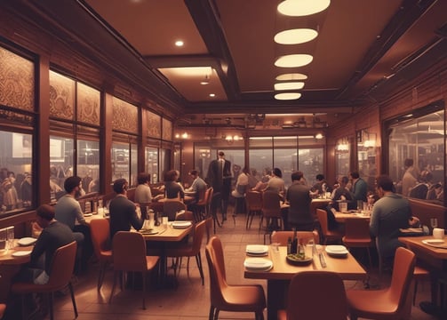 A humanoid robot with glowing lights stands in a dimly lit restaurant interior. The ceiling features industrial-style lighting and exposed beams, creating a modern atmosphere. People are seated at tables in the background, engaged in conversation.