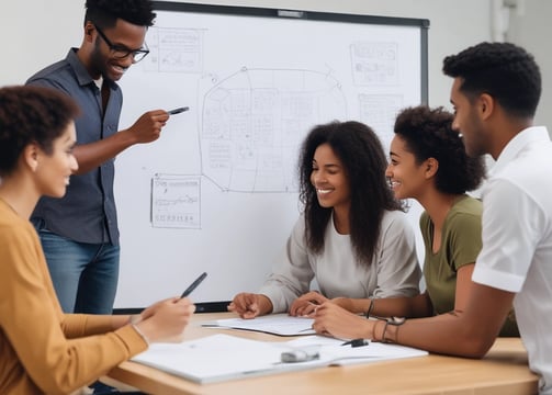 Three people are in a meeting room. One person is standing and pointing to a whiteboard filled with diagrams and flowcharts, while the other two are seated at a table with laptops and notebooks. The atmosphere appears focused and collaborative.
