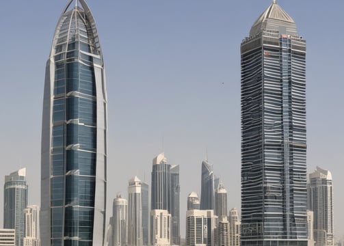 A modern urban scene featuring tall palm trees, skyscrapers, and the entrance to a shopping mall with the name 'Dubai Mall' prominently displayed. The architecture is sleek and contemporary, with flags lining the pathway to the entrance.