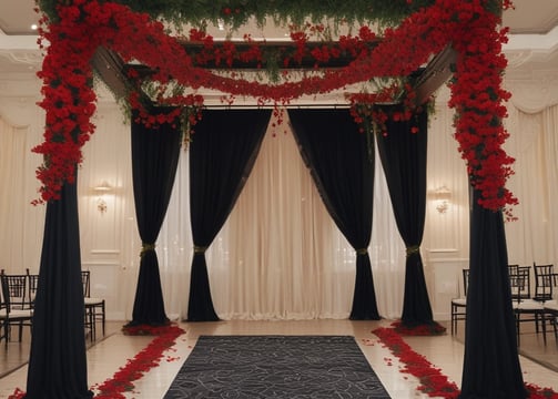 A canopy with ornate drapes and floral arrangements at the entrance. The interior features carpeted flooring with intricate patterns, leading to an event space where people are gathered. The canopy is adorned with lush greenery and pink flowers, creating an elegant and welcoming atmosphere.