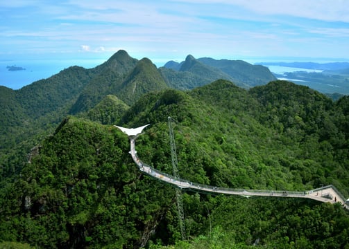 Aerial view of the Langkawi Sky Bridge stretching across lush green mountains under a blue sky