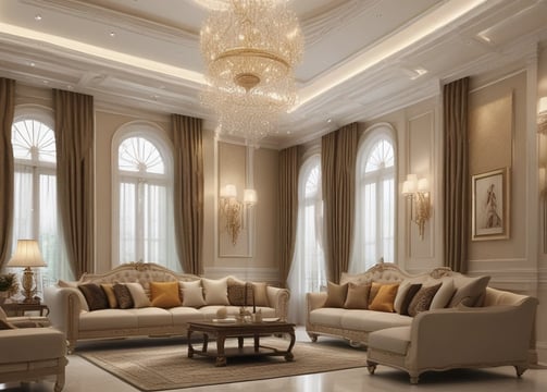 An intricately designed indoor space features an ornate glass ceiling with arched frameworks and decorative detailing. The interior includes abundant greenery, surrounded by comfortable seating arrangements. The use of warm lighting highlights the elaborate aesthetics and adds to the luxurious ambiance.