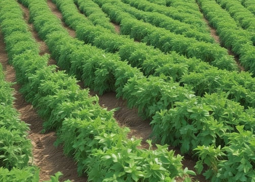 A lush green farm with neatly arranged rows of plants supported by wooden stakes and netting. In the background, tall palm trees rise against a partly cloudy sky, creating a serene agricultural landscape.