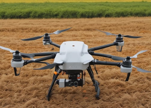Several agricultural fields are visible in an aerial view with geometric patterns. The fields are separated by thin dirt roads or embankments and display different colors due to variations in crop types, soil, or water conditions.