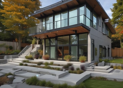 A series of modern wooden houses with large glass windows and triangular, black shingled roofs. The architecture features balconies with glass railings, creating a sleek and contemporary appearance.
