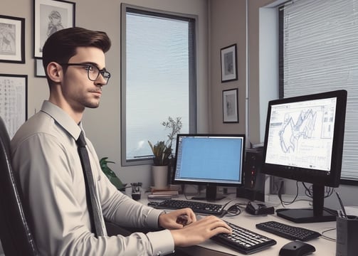 A group of people sit in front of computer monitors displaying code in an office setting. The focus is on a young person in a white shirt with a thoughtful expression, while others work in the background. The room is well-lit with white overhead lights and has a modern office design.