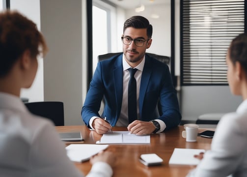 A professional consultation setting with a medical professional sitting at a desk facing a client. The room has a modern aesthetic with white walls decorated with framed certificates. The desk is organized with office supplies, a laptop, and a fruit bowl in the center.