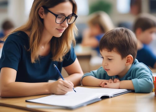 A group of young boys in white traditional attire are seated on the floor, intently reading from open books placed on low wooden tables in a classroom setting with muted colors and some books shelved on the side.